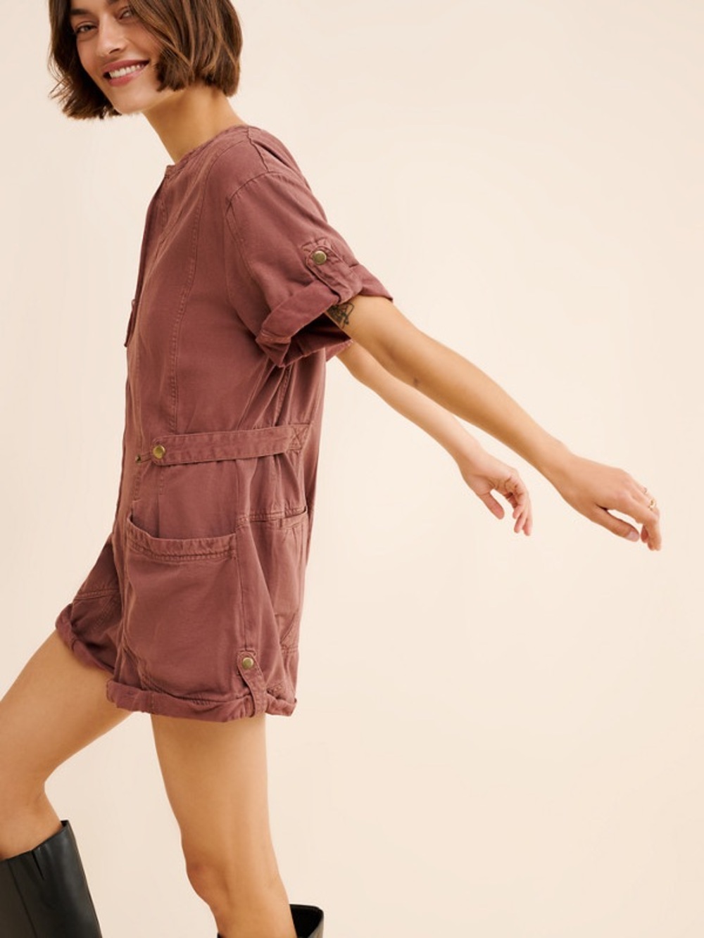 Free People Short-Sleeve Zip Romper in brown size small s let’s ride Shortalls - Picture 3 of 13